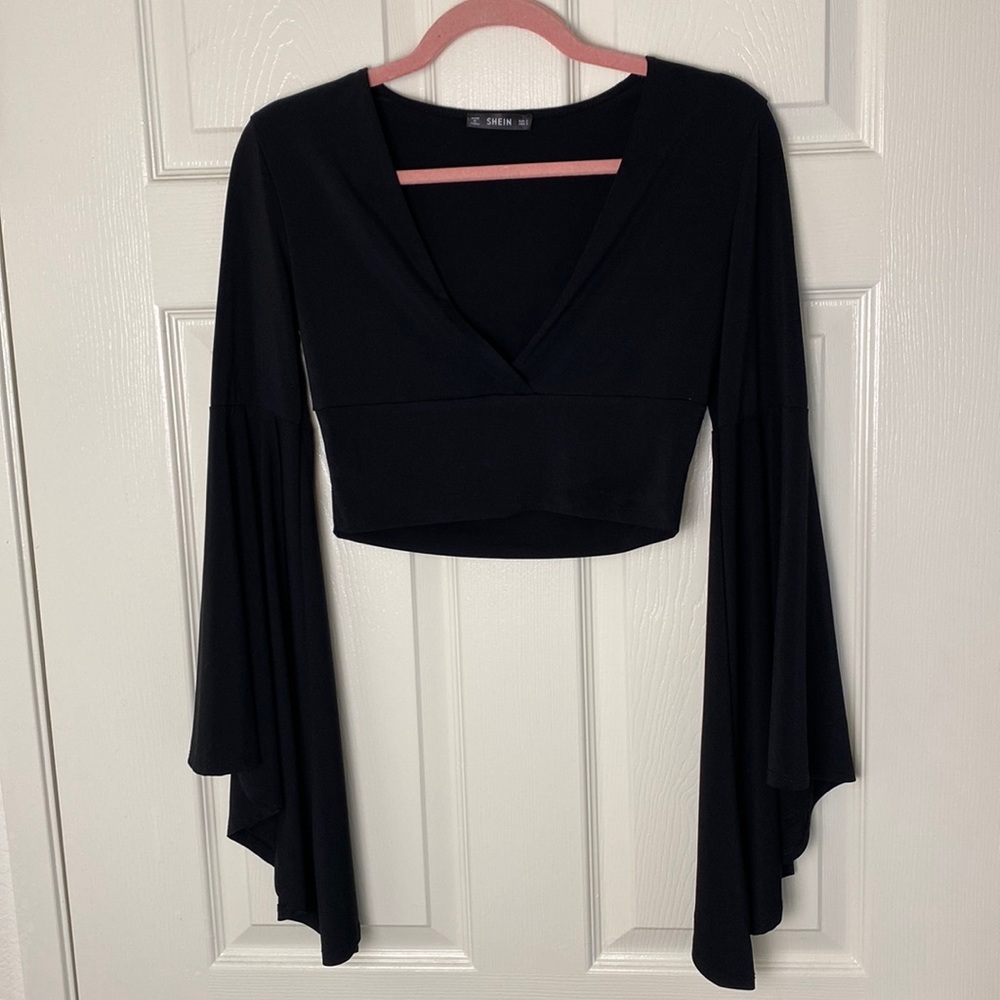 Shein Black Bell Sleeve Top Size Small